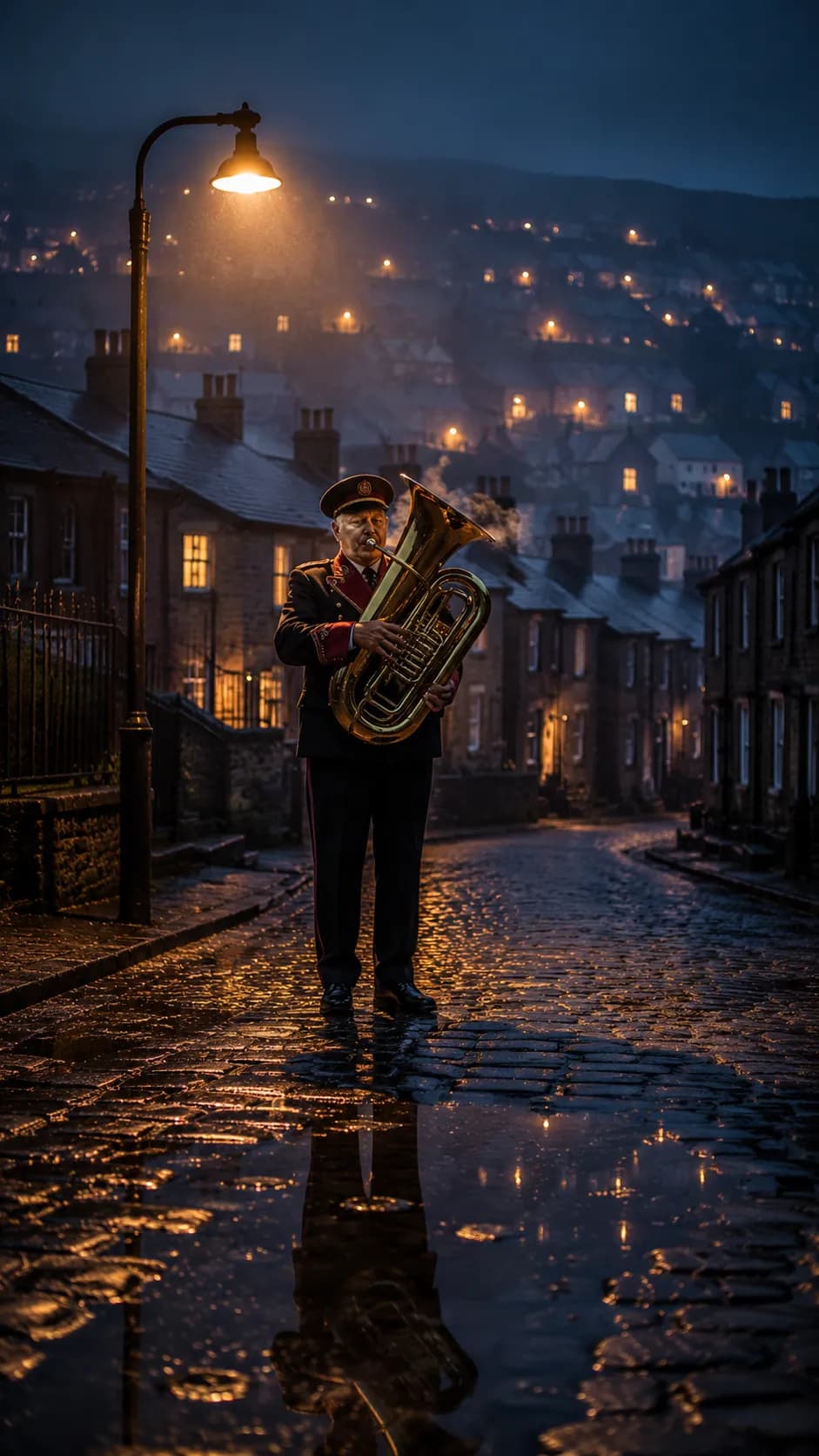 Welsh Brass Band Musician Coal Town Twilight example created for GPT Image 2 in 9:16