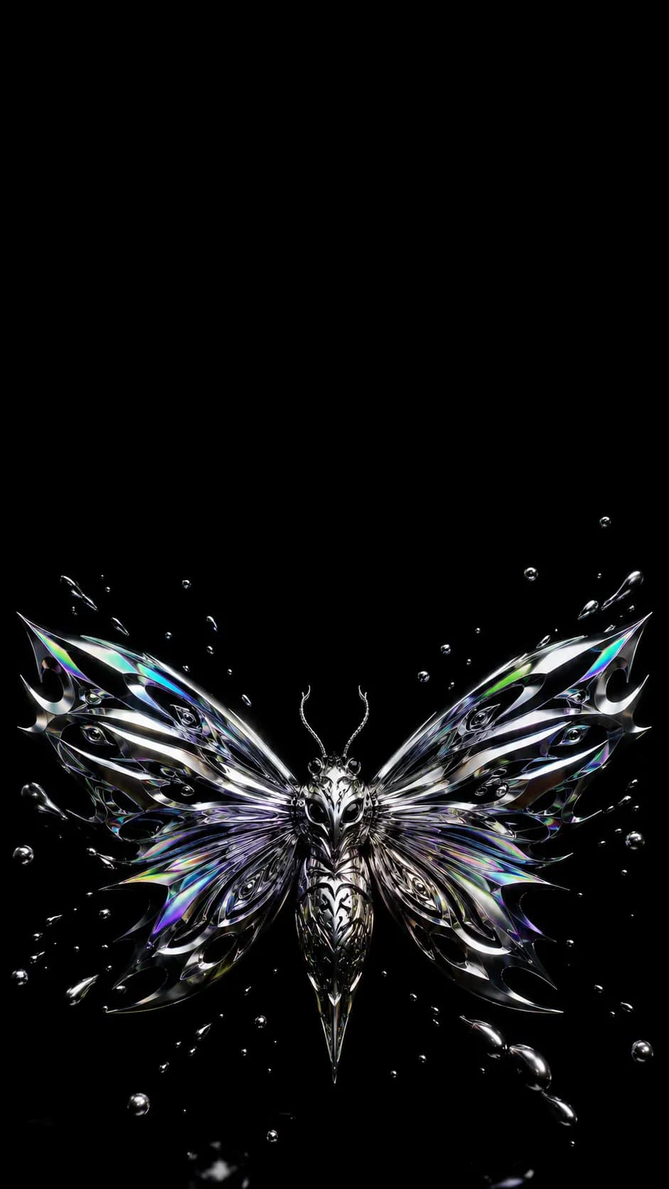 Y2K Chrome Alien Moth Dark Aesthetic Phone Wallpaper example created for GPT Image 2 in 9:16