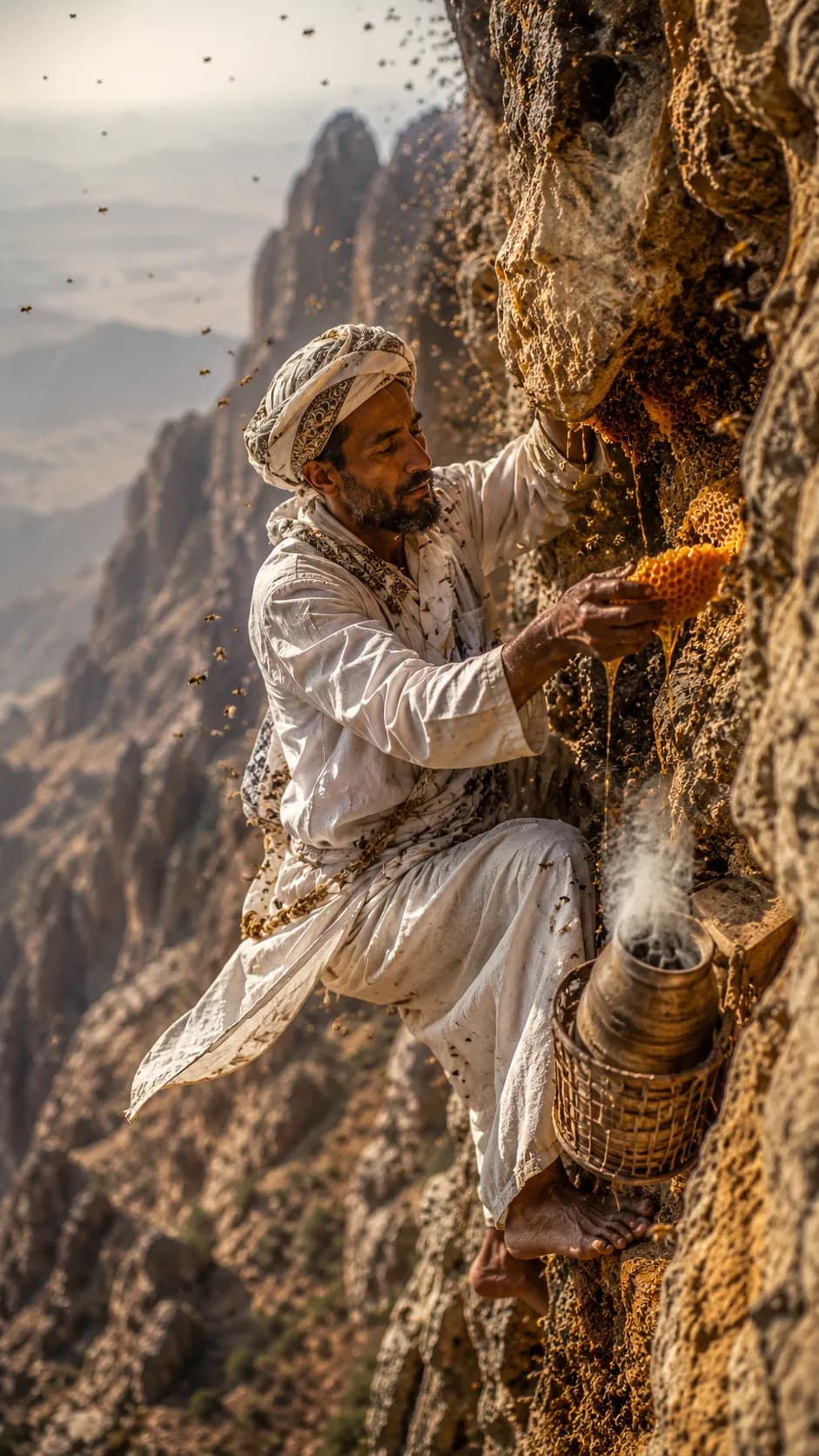 Yemeni Honey Harvester Mountain Cliff Wild Bees example created for GPT Image 2 in 9:16