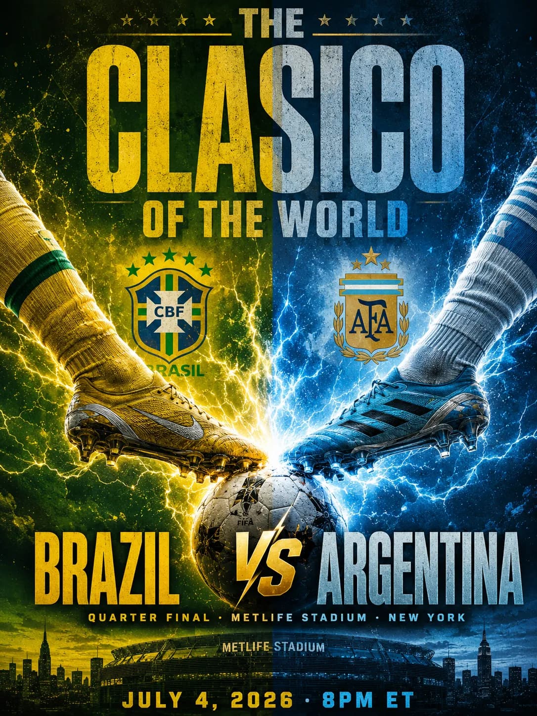 Brazil vs Argentina World Cup Quarter Final Match Poster example created for GPT Image 2 in 3:4