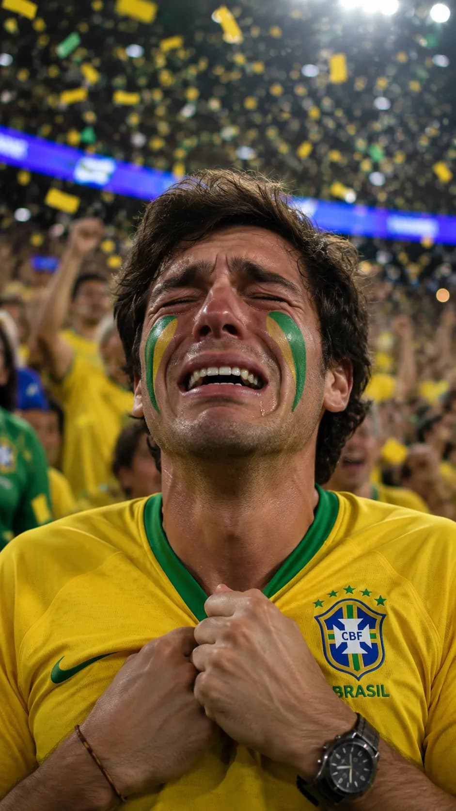 Brazilian Fan Tears of Joy World Cup 2026 Stadium example created for GPT Image 2 in 9:16