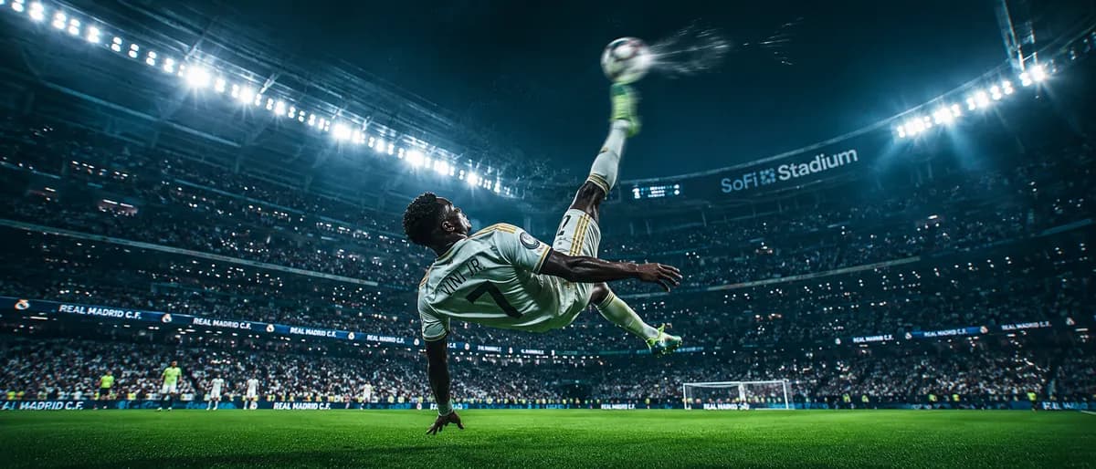 Cinematic Vini Jr Bicycle Kick SoFi Stadium Wallpaper example created for GPT Image 2 in 21:9