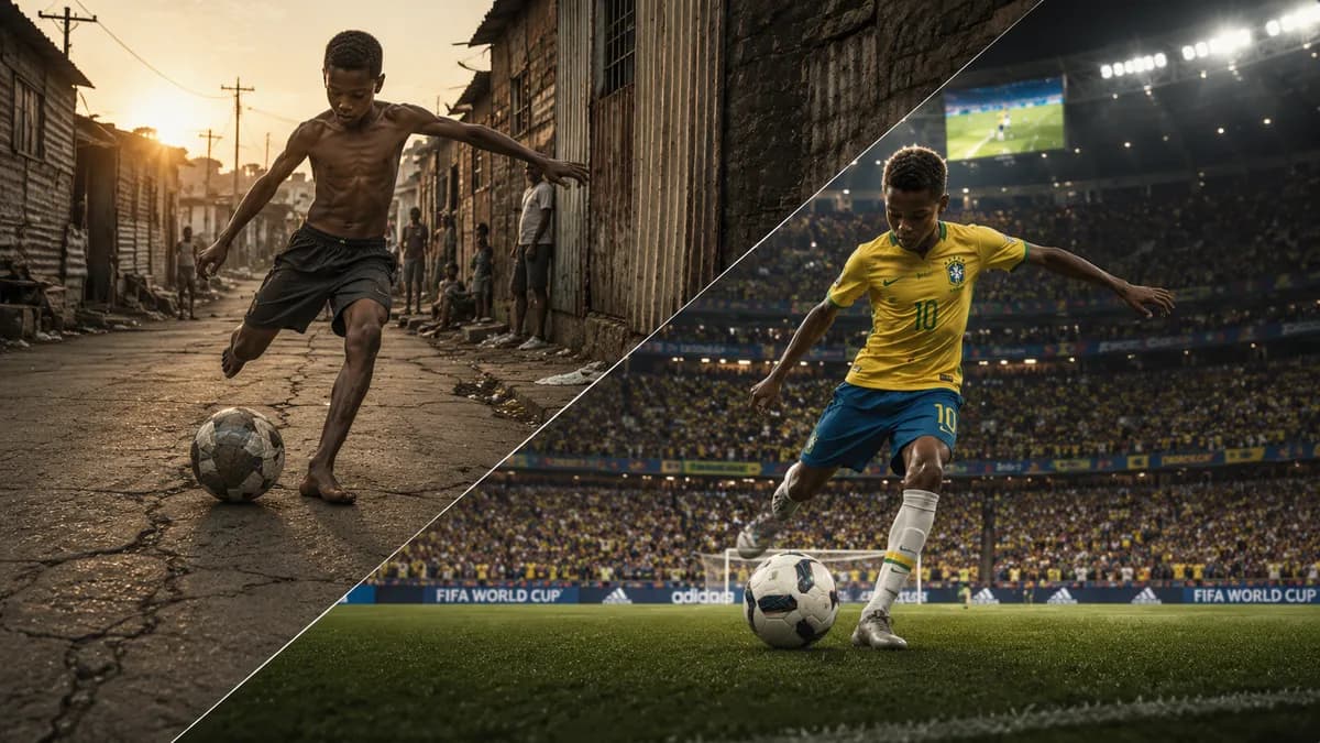 Favela Boy to World Cup Final Dream vs Reality Split Portrait example created for GPT Image 2 in 16:9