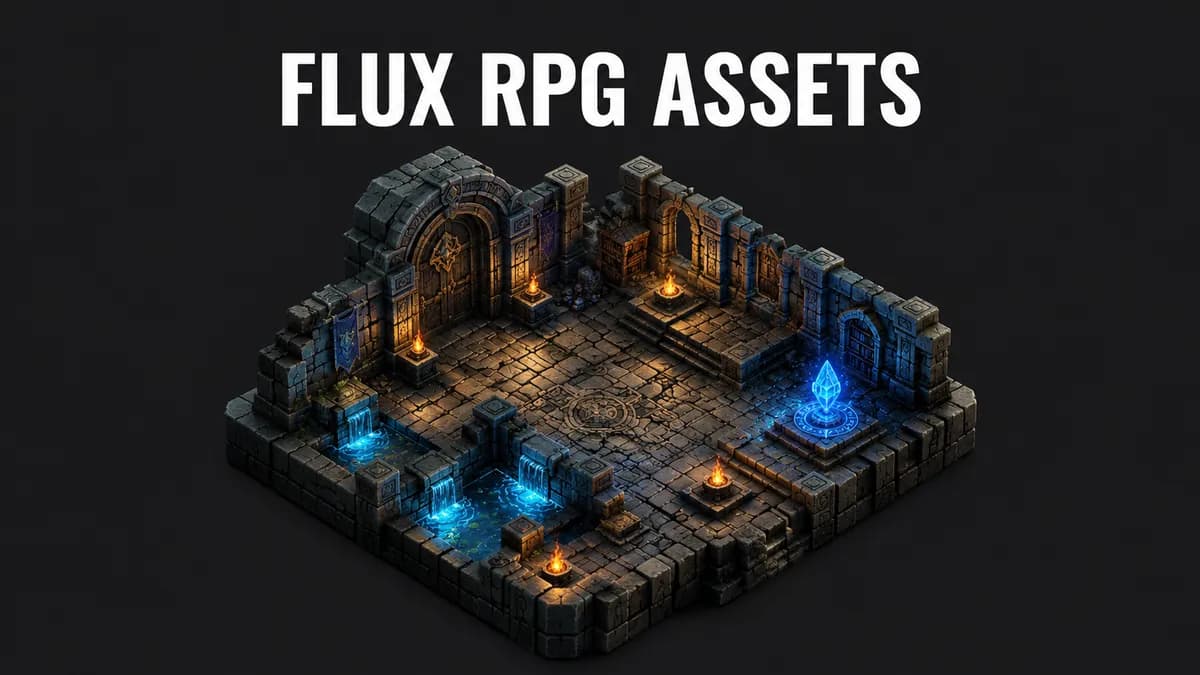 Minimalist fantasy game asset grid mockup with 'FLUX LoRA' text overlay, showing clean isometric tiles and item icons.