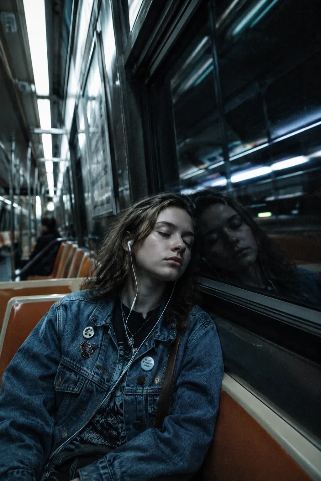 Late Night Subway Girl Reflection Portrait example created for GPT Image 2 in 9:16