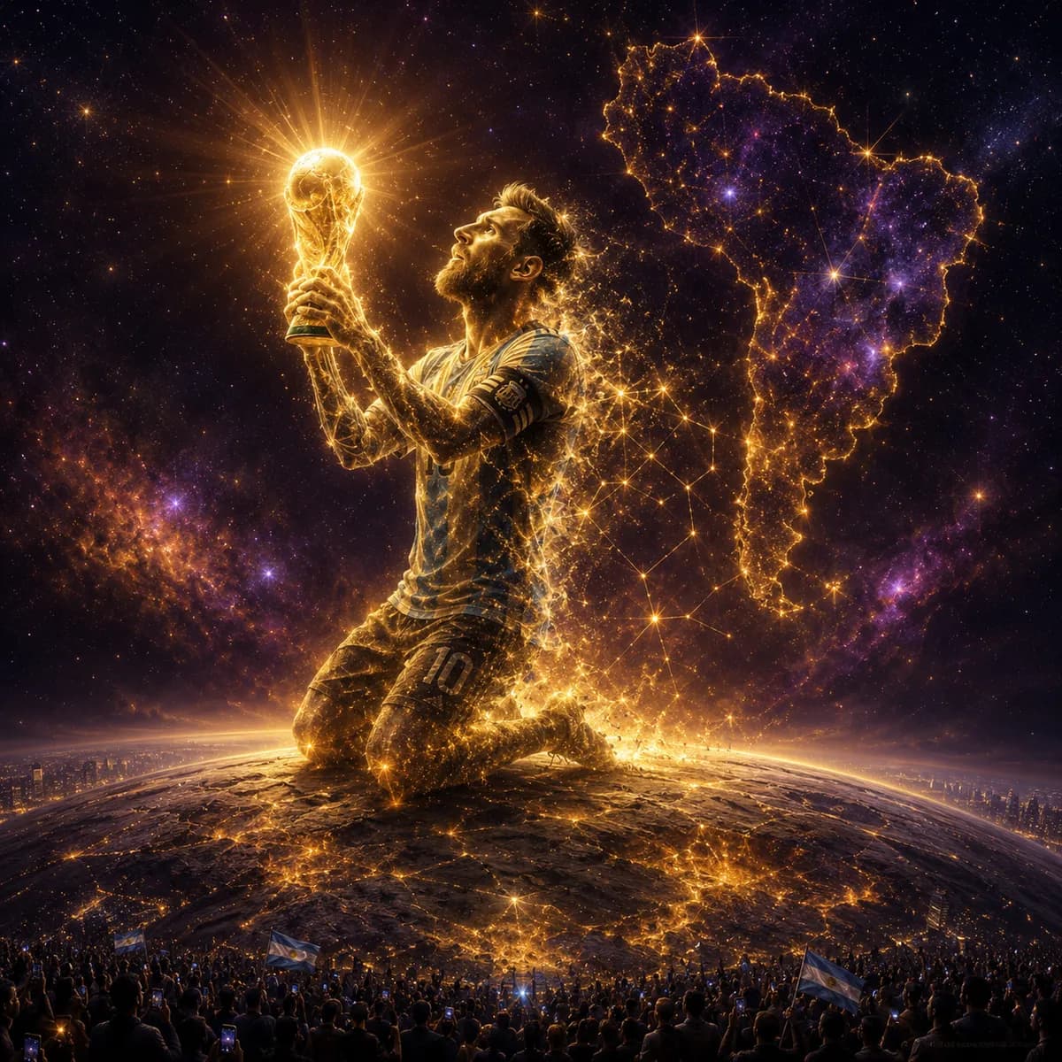 Messi Golden Stardust Deity Argentina World Cup Fantasy Art example created for GPT Image 2 in 1:1