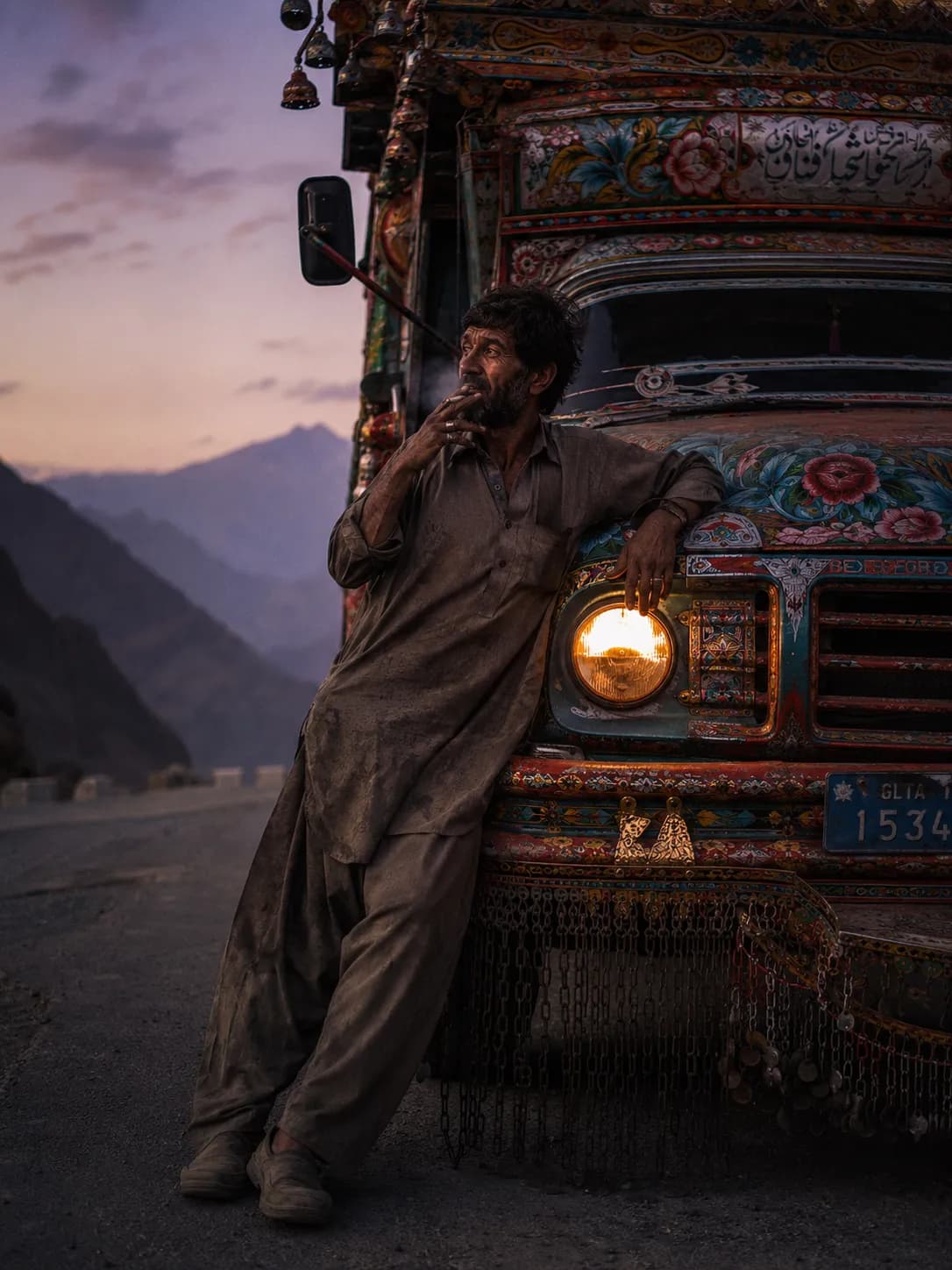 Pakistani Truck Driver Karakoram Highway Dusk Portrait example created for GPT Image 2 in 3:4