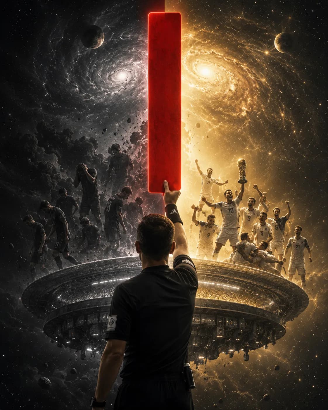 Referee Red Card Universe Split Surreal World Cup Art example created for GPT Image 2 in 4:5