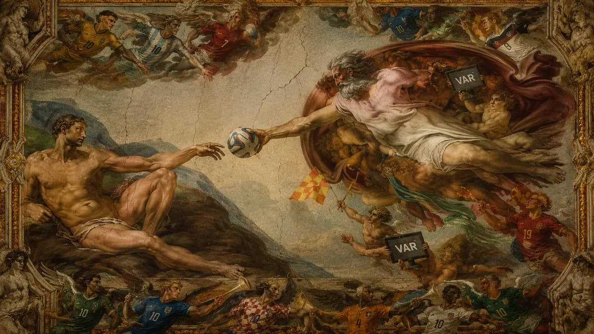 Sistine Chapel Football God Passes Ball to Adam Renaissance example created for GPT Image 2 in 16:9