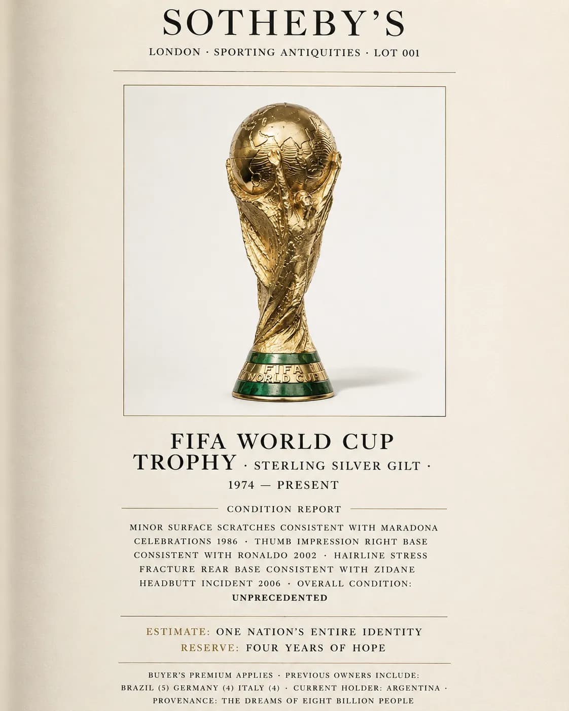Sothebys FIFA World Cup Trophy Auction Catalog Poster