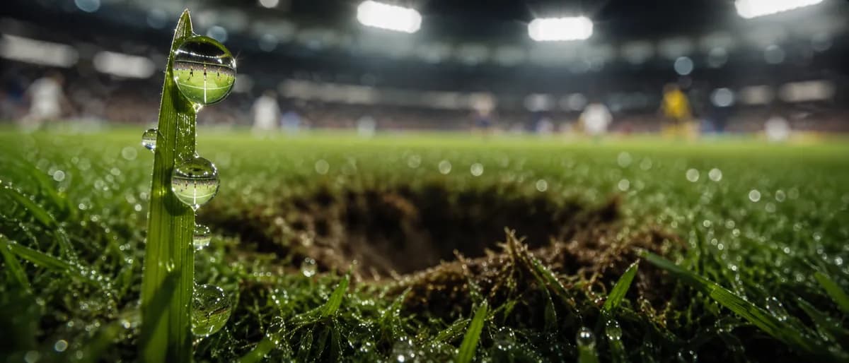 Stadium Grass Blade Macro World Cup Boot Impact Dew example created for GPT Image 2 in 21:9