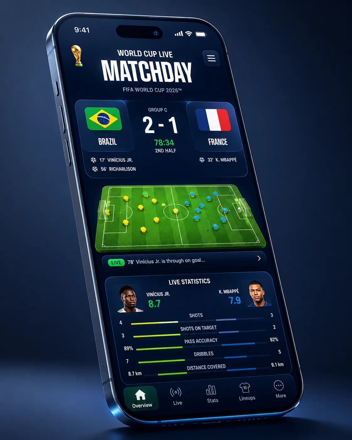 World Cup 2026 Live Score Mobile App Dark UI Design
