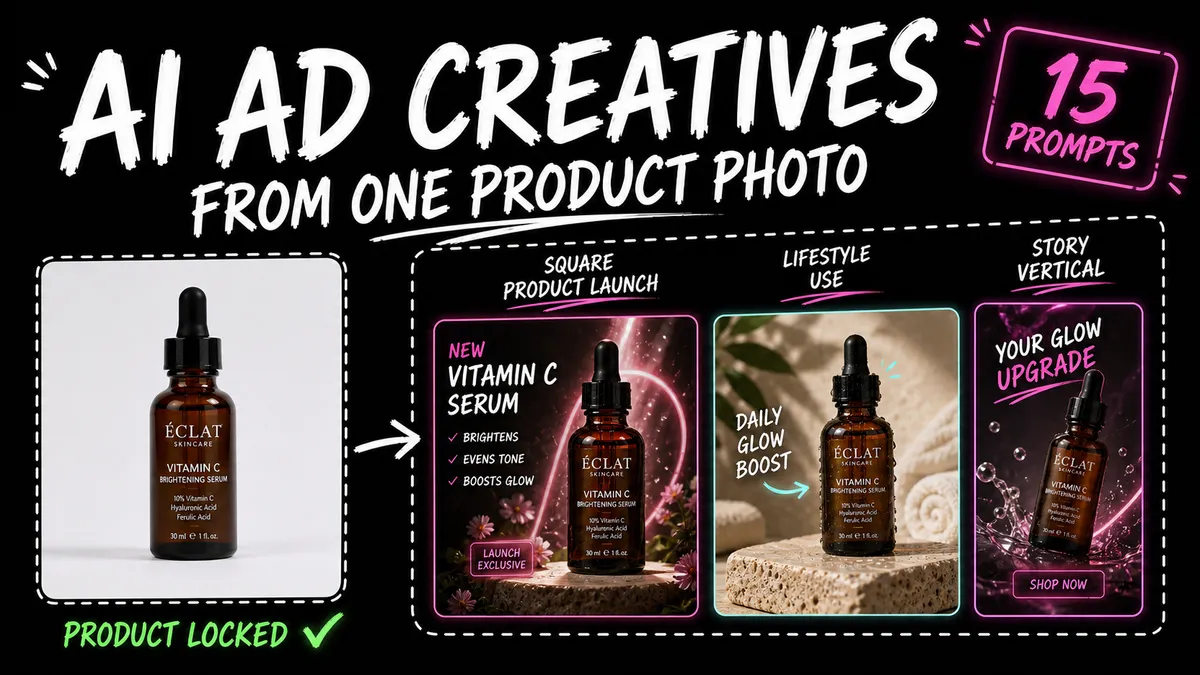 AI AD CREATIVES FROM ONE PRODUCT PHOTO editorial guide cover with a clear before-and-after or prompt workflow composition.