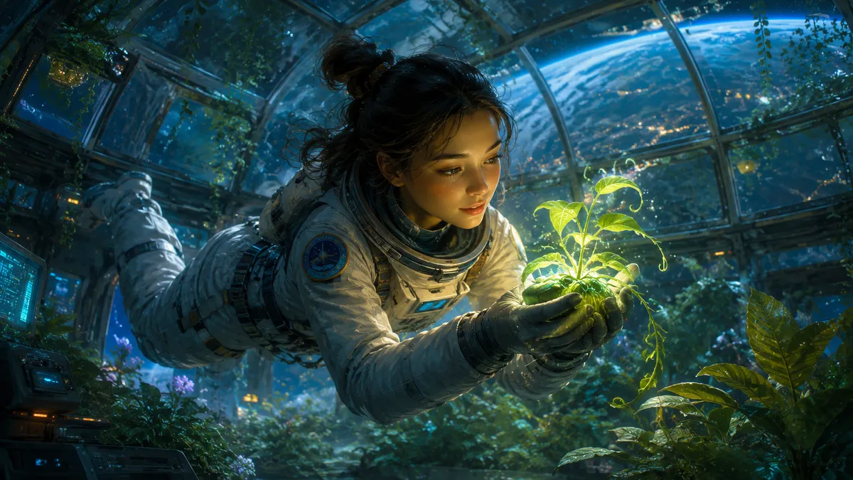 Astronaut Bioluminescent Plant Space Station Digital Art
