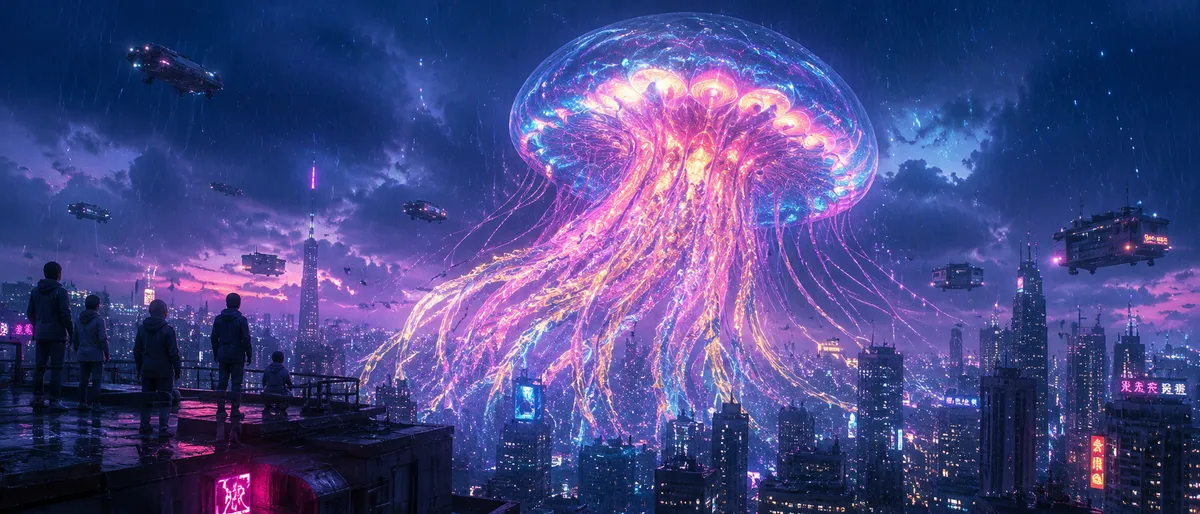 Celestial Jellyfish Megacity Twilight Digital Art