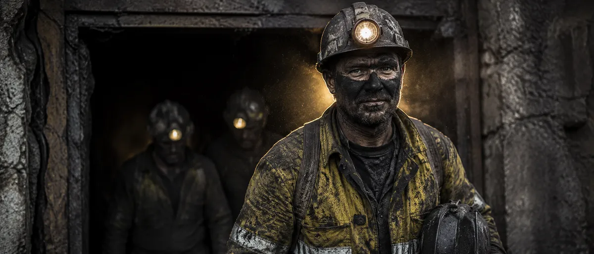 Coal Miner Emerging Mine Shaft End of Shift Portrait