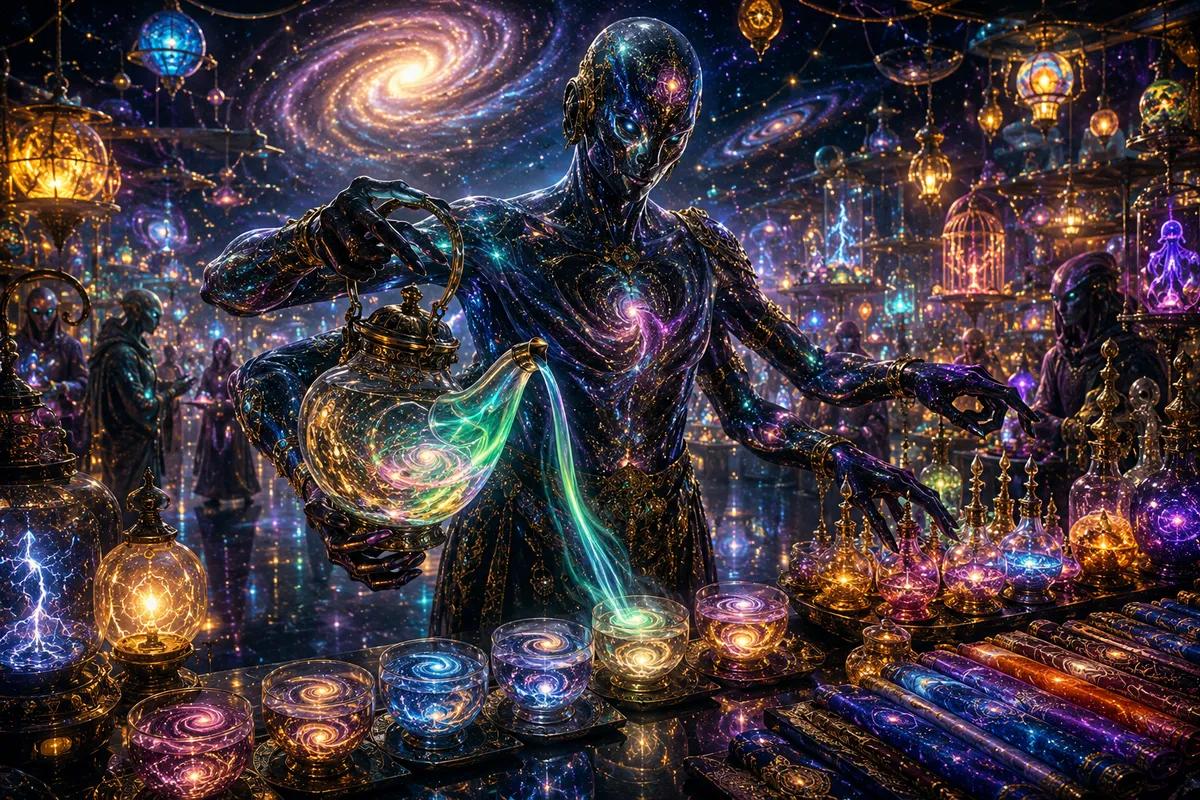 Cosmic Bazaar Merchant Pouring Aurora Galaxy Cups Digital Art