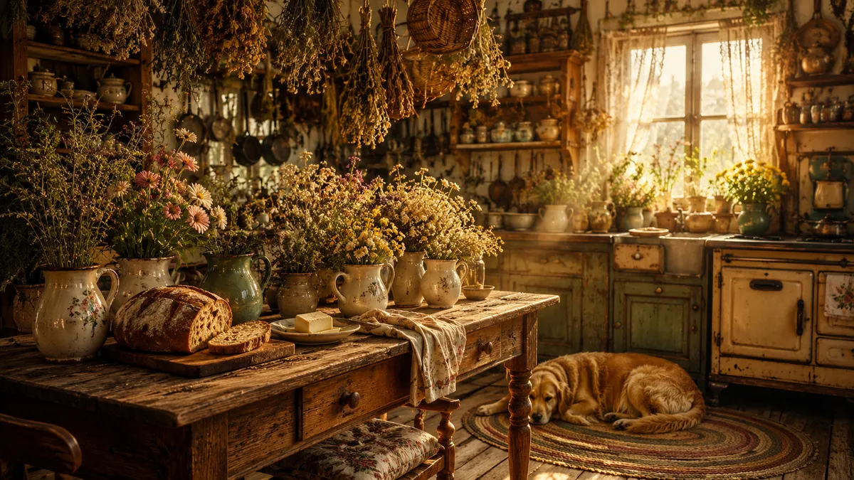 Golden Hour Rustic Cottage Kitchen