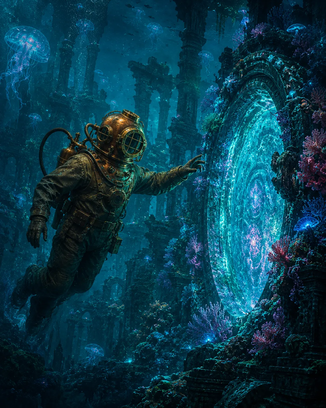Deep Sea Diver Ancient Sunken City Bioluminescent Digital Art