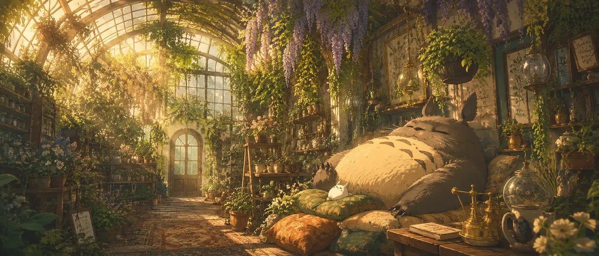 Studio Ghibli-Inspired Botanical Greenhouse Interior