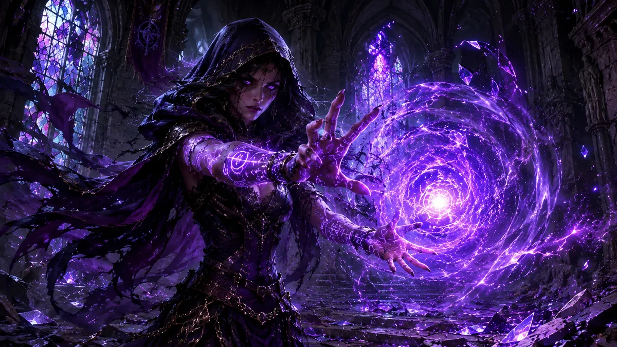 Hooded Sorceress Spellcast Gothic Cathedral Digital Art
