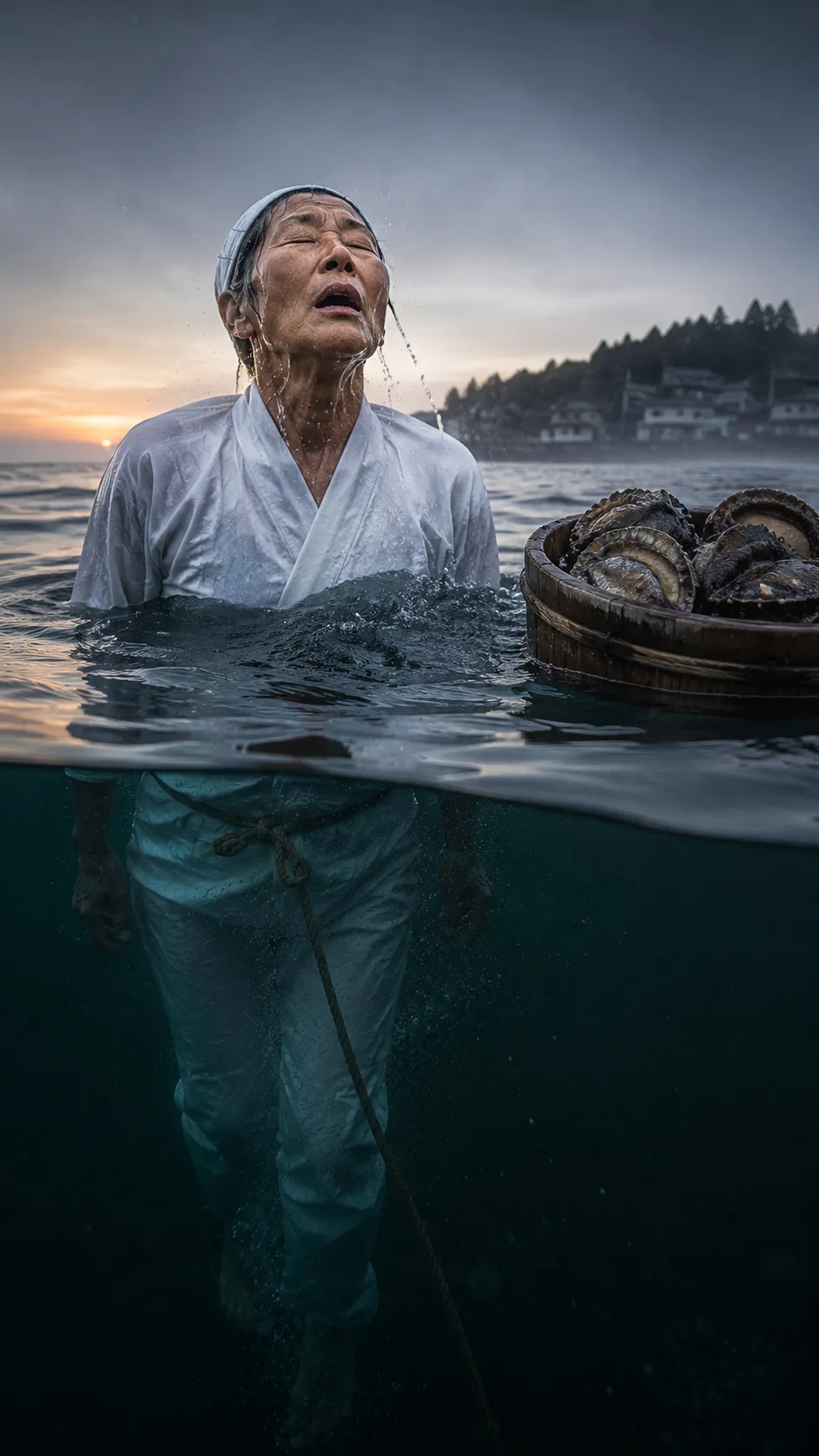 Japanese Ama Freediver Surfacing Ocean Dawn