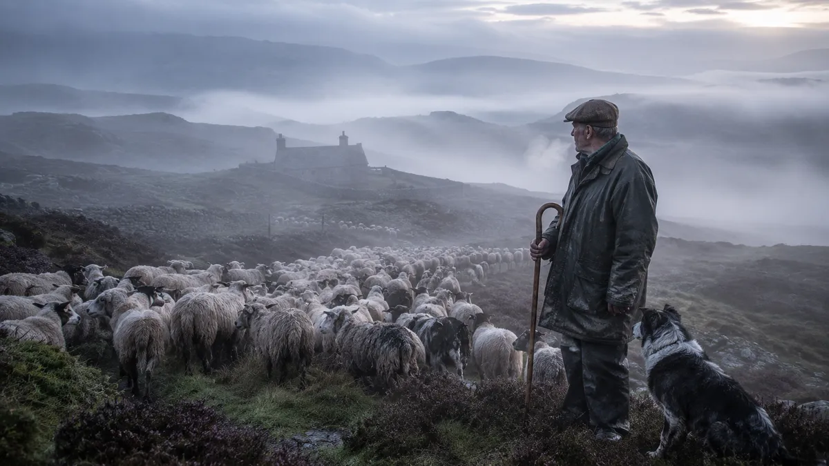 Scottish Highland Shepherd Misty Dawn Portrait