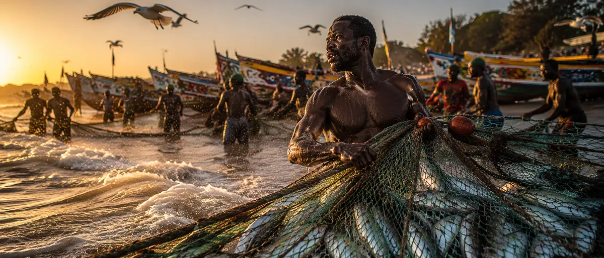 Senegalese Fisherman Net Hauling Atlantic Dawn