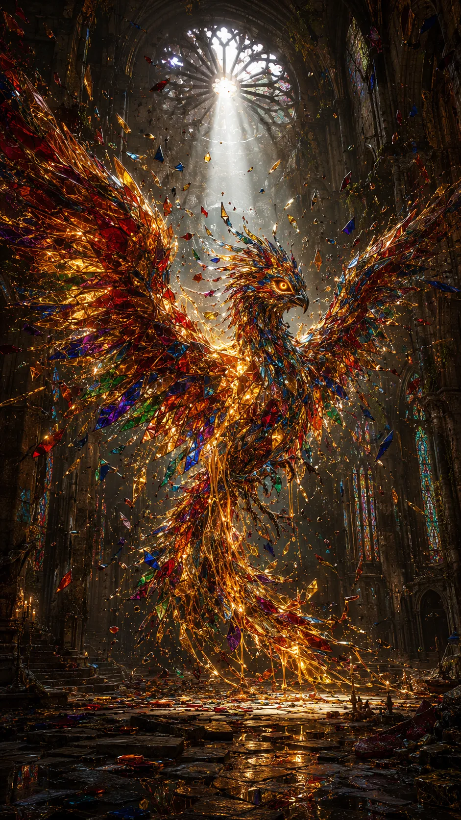Shattered Stained Glass Phoenix Cathedral Rebirth Digital Art