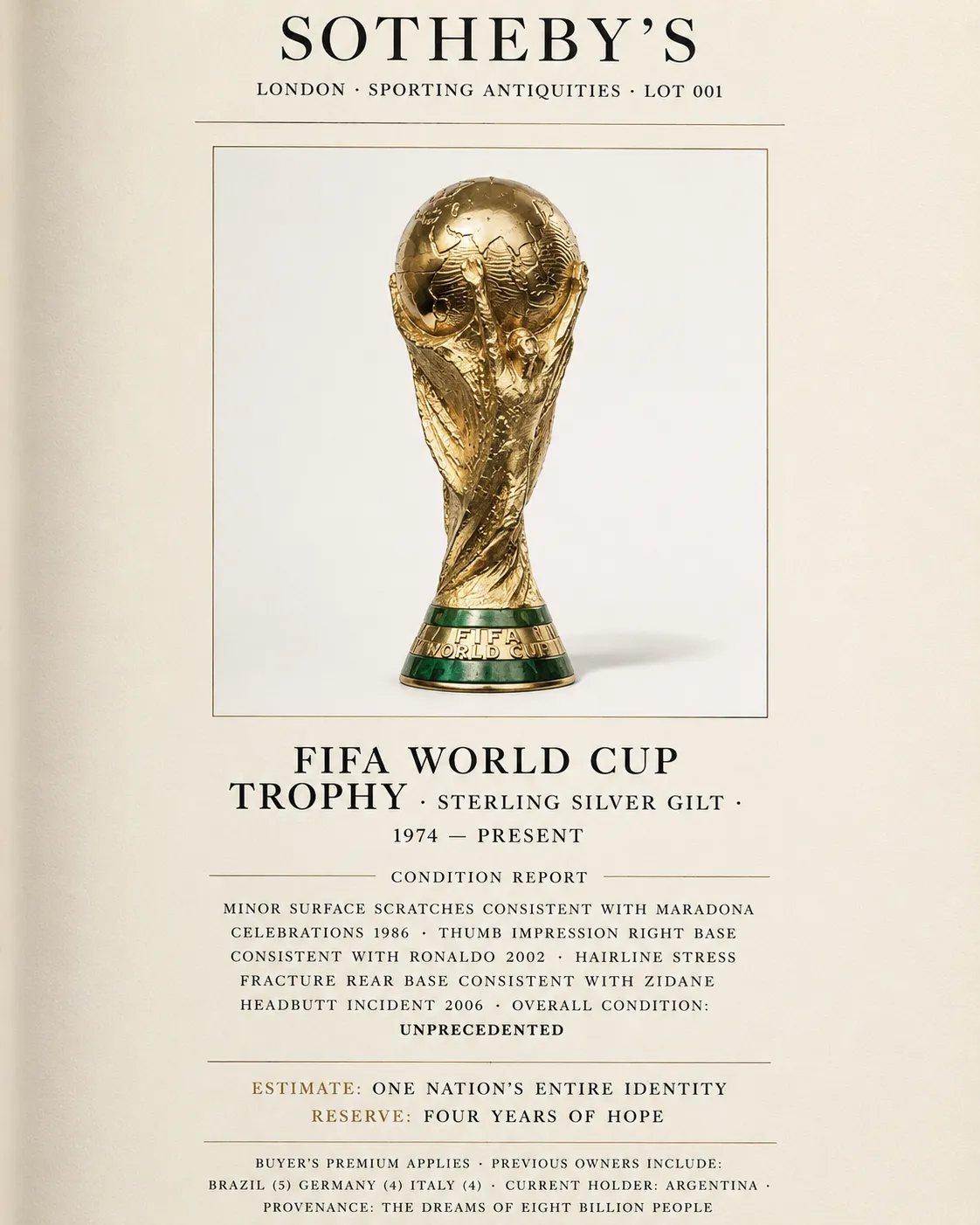 Sothebys FIFA World Cup Trophy Auction Catalog Poster
