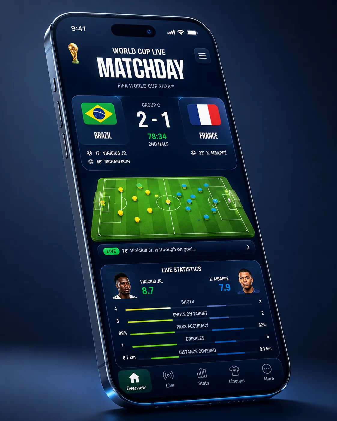 World Cup 2026 Live Score Mobile App Dark UI Design